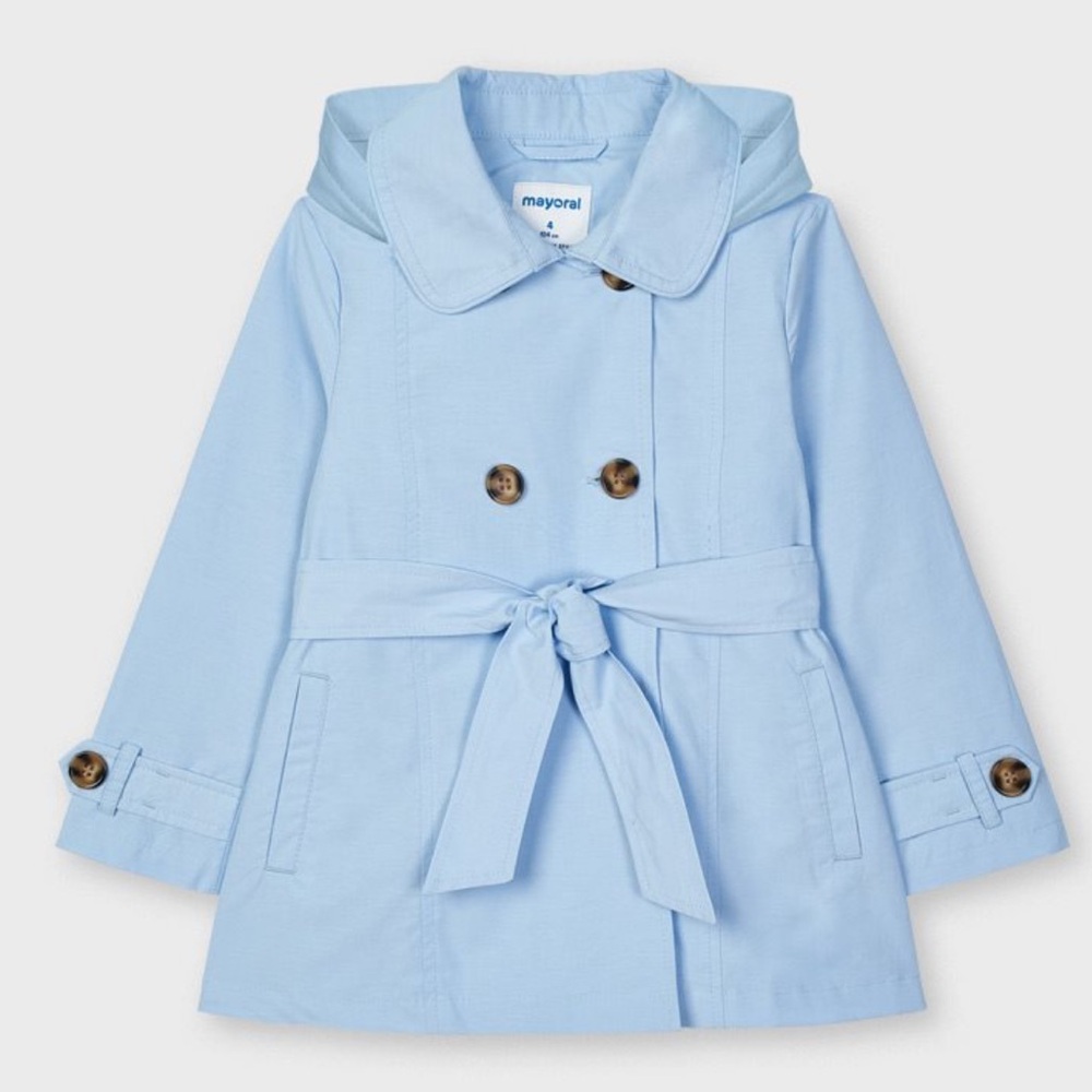 Mayoral Girls Light Blue Pleated Trench Coat Detachable Hood Size 8 128cm
